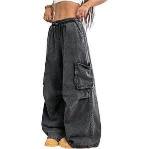 Trendy Women's Y2K Wide Leg Baggy Jeans with Drawstring & Pockets - Size L